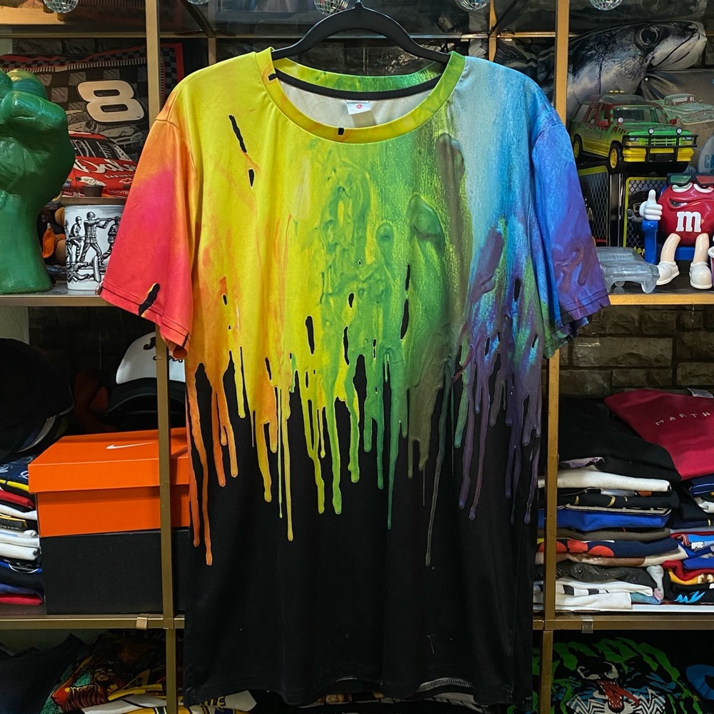 Rainbow Neon Paint Drip All Over Print T-Shirt XL Colorful Psychedelic Rave